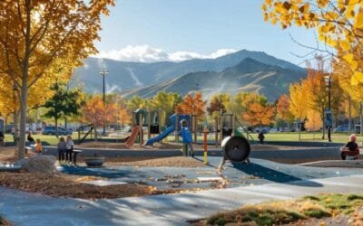 a serene park in draper, ut, filled with vibrant autumn colors, where thoughtful parents engage in animated discussions about preschool education quality amidst playful children in the background.