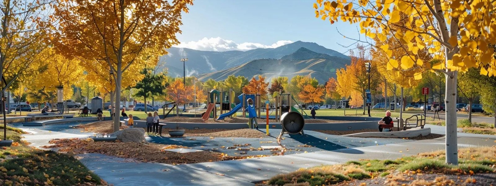 a serene park in draper, ut, filled with vibrant autumn colors, where thoughtful parents engage in animated discussions about preschool education quality amidst playful children in the background.