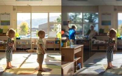 a vibrant classroom scene showcases the contrast between montessori and traditional preschool environments in draper, ut, with children engaged in hands-on learning activities surrounded by natural light and thoughtfully arranged materials.