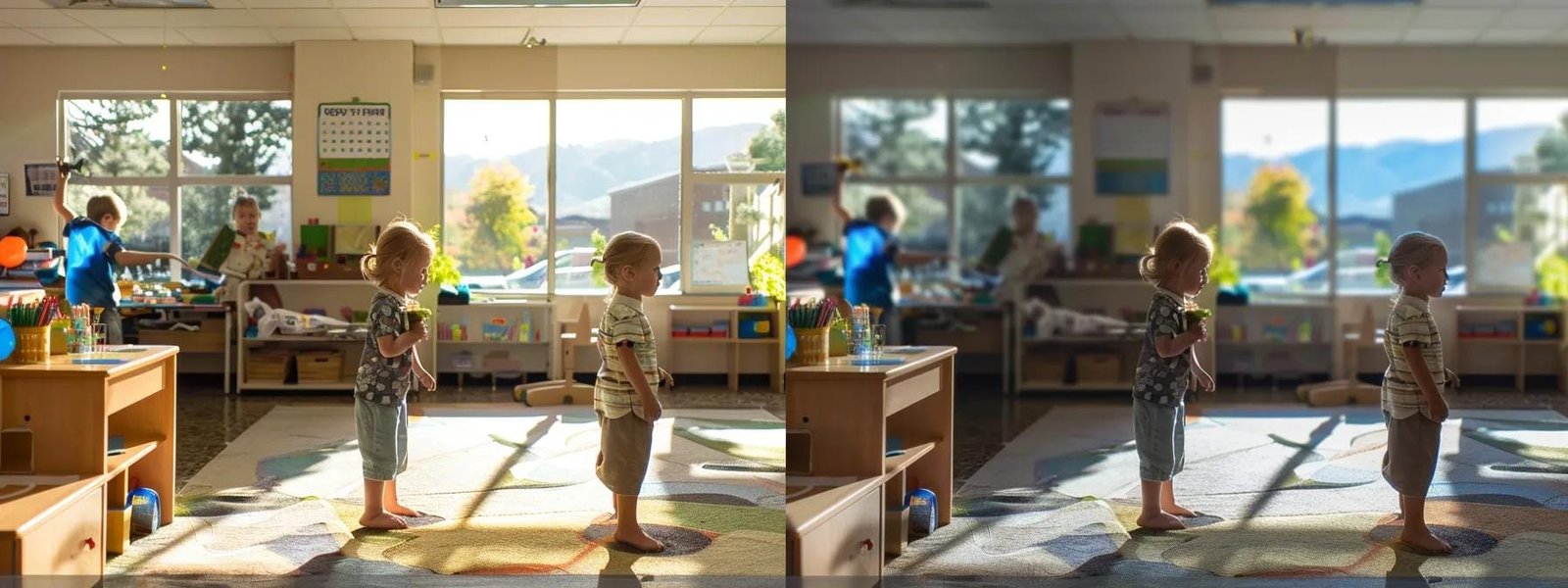 a vibrant classroom scene showcases the contrast between montessori and traditional preschool environments in draper, ut, with children engaged in hands-on learning activities surrounded by natural light and thoughtfully arranged materials.