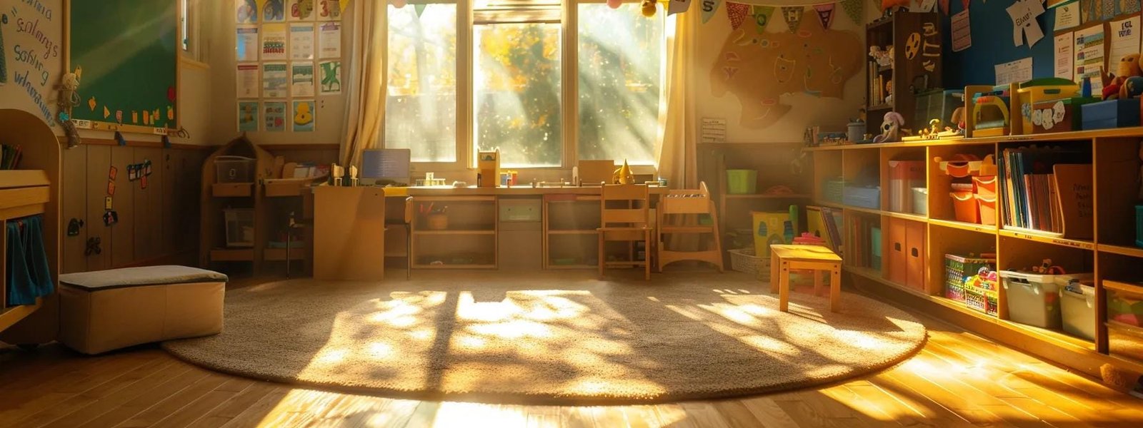 a warm, inviting preschool classroom in draper, ut, bathed in soft morning light, featuring colorful learning materials and cheerful decorations, ready to engage curious young minds.